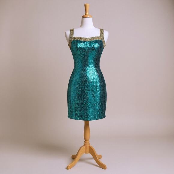 VTG Niteline Della Roufogali Mini Dress Sz 4 Green Gold Sequins Cocktail Party - Picture 1 of 15